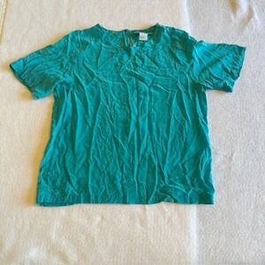 Stephanie Andrews Silk Blouse Womens Size M Teal Blue Short Sleeve Keyhole Top